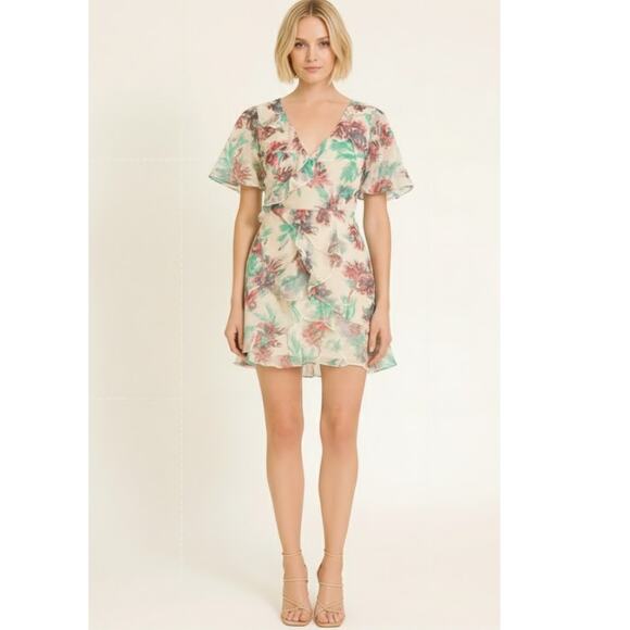 Anthropologie Soft Printed Ruffle Mini Dress NEW XS White Green Blue - Picture 1 of 8